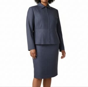 Amanda Smith Skirt Suit Size 18W Gray Zip Jacket Zipper Cuffs Below Knee Lined